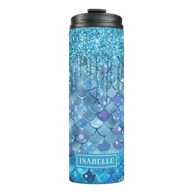 Aquamarin Mermaid Scales Blue Glitzer Tropfen Thermosbecher (Vorderseite)