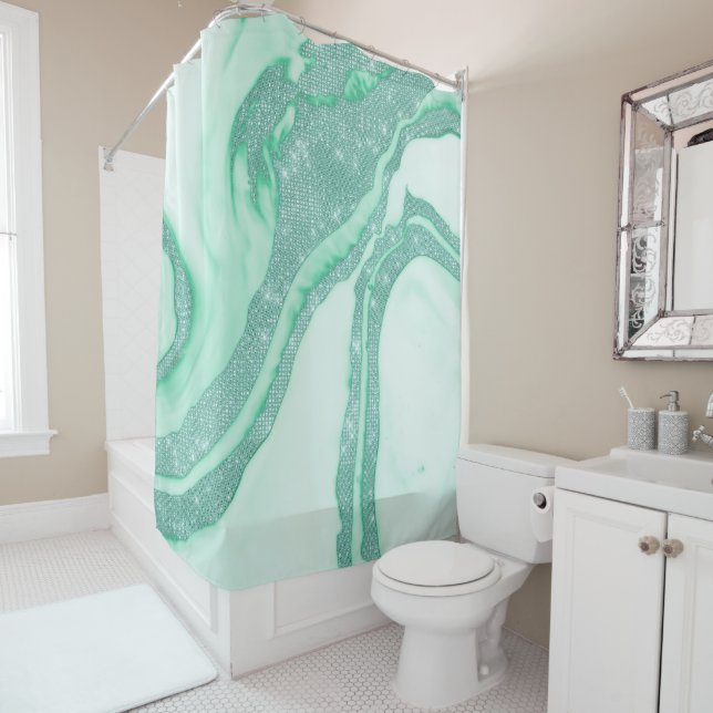 Aquamarin Minze Green Funkelnd Sequin Smoky-Marmor Duschvorhang (Beispiel)