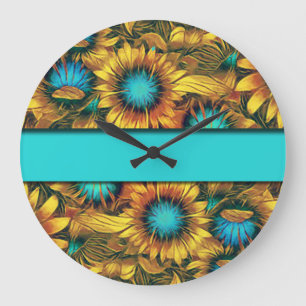 Aquamarin mit bunten Sonnenblumen Große Wanduhr
