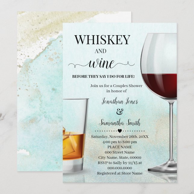 Aquamarin mit Gold Whiskey & wine bevor ich dusche Einladung (Vorne/Hinten)