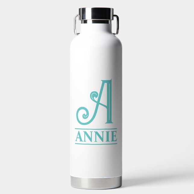 Aquamarin Mit Monogramm Trinkflasche (Vorderseite)