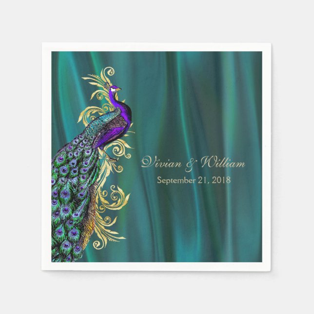 Aquamarin mit Peacock Wedding Paper Napkin Serviette (Vorderseite)