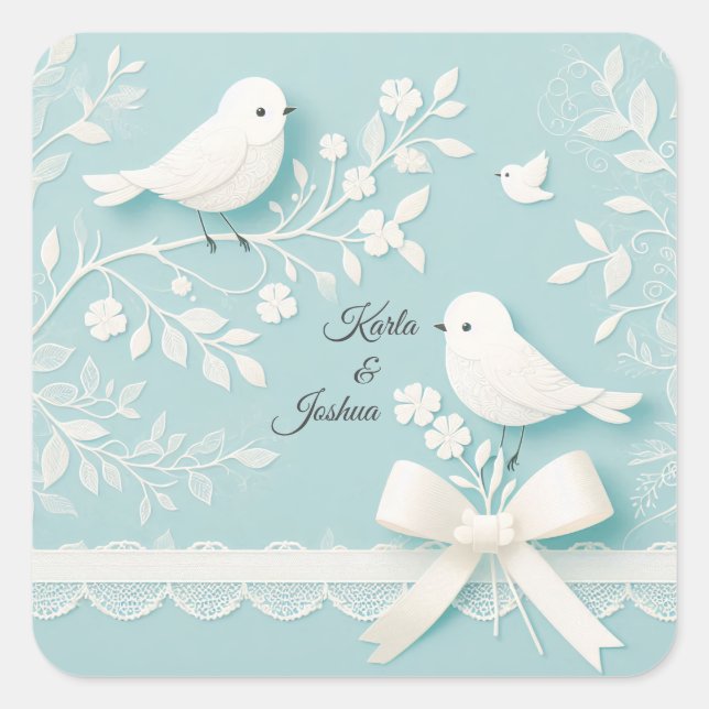 Aquamarin mit romantischer Hochzeit und Vogelhochz Quadratischer Aufkleber (Vorderseite)