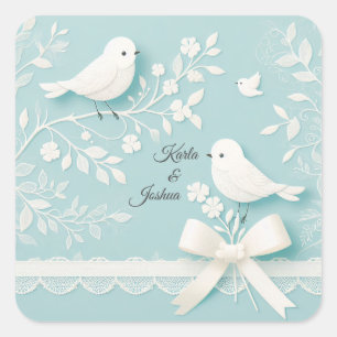 Aquamarin mit romantischer Hochzeit und Vogelhochz Quadratischer Aufkleber