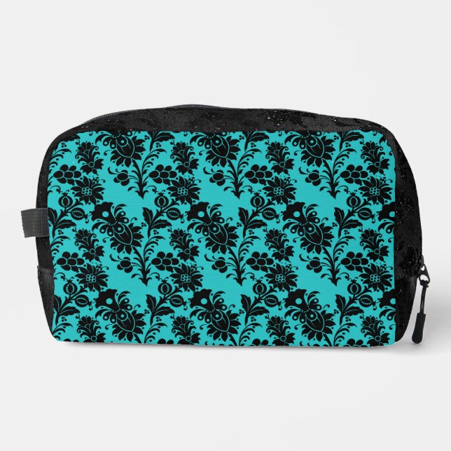 AQUAMARIN MIT SCHWARZEN BLUME WASCHBEUTEL (Vorderseite)