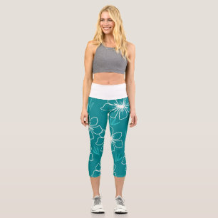 Aquamarin mit weißdurchsichtigen Blume Capri Leggings