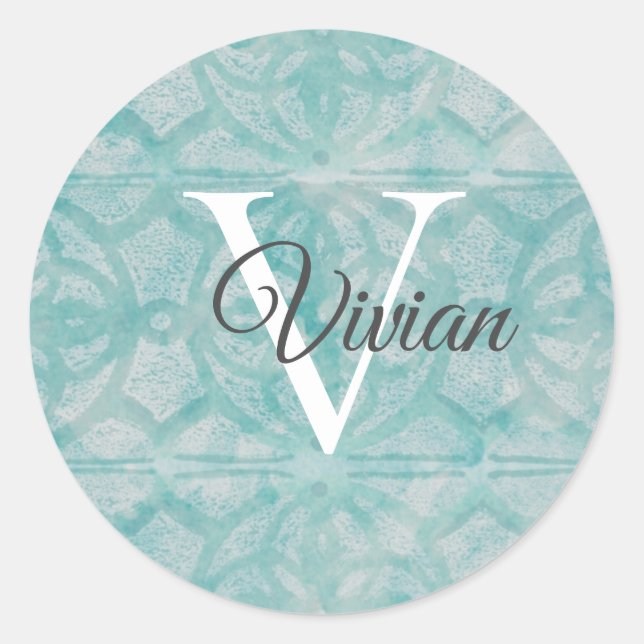 Aquamarin mit weißem Monogramm Runder Aufkleber (Vorderseite)
