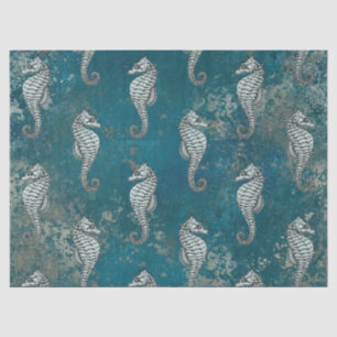 Aquamarin mit White Seepferd Decoupage Seidenpapier