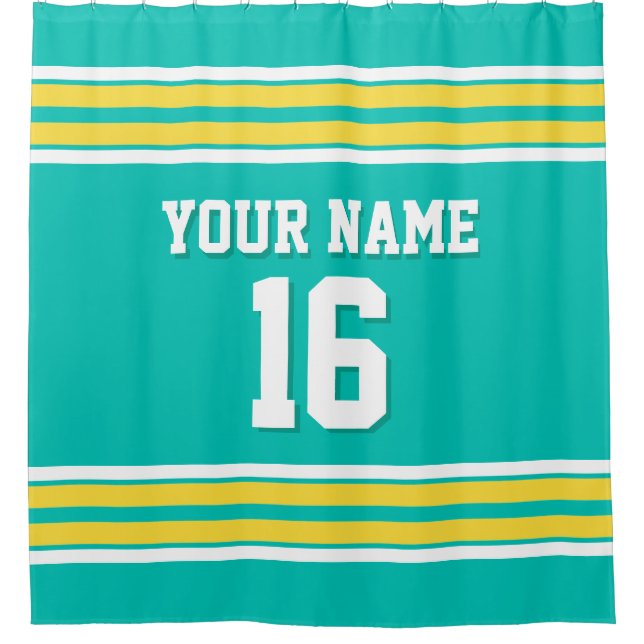 Aquamarin mit Yellow White Stripes Sports Jersey Duschvorhang (Vorderseite)