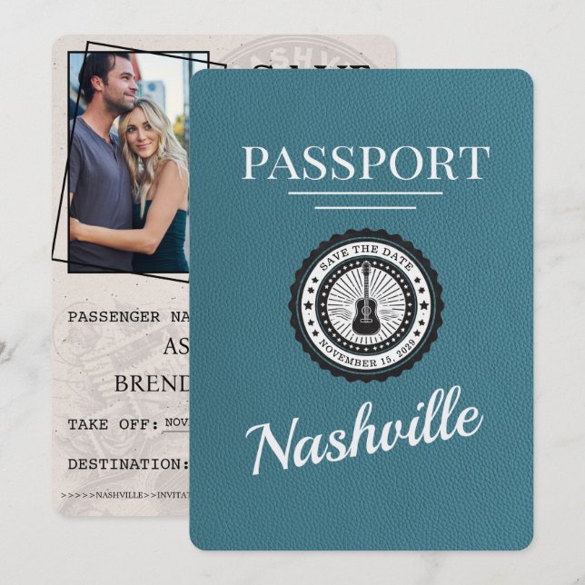 Aquamarin Nashville Passport Save the Date (Vorne/Hinten)