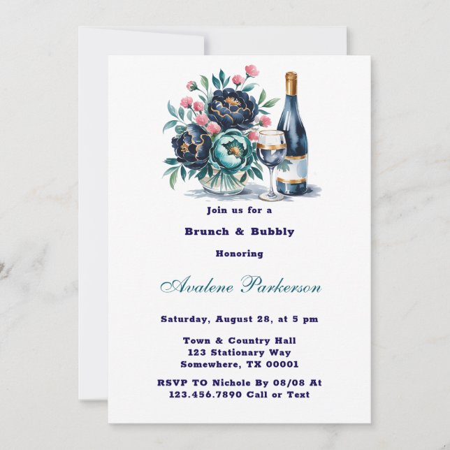 Aquamarin Navy Blue Peony Blume Brunch und Bubbly Einladung (Vorderseite)