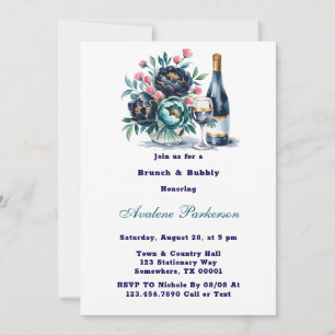 Aquamarin Navy Blue Peony Blume Brunch und Bubbly Einladung