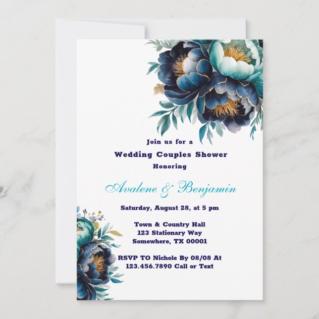 Aquamarin Navy Blue Peony Wedding Couples Dusche Einladung (Vorderseite)