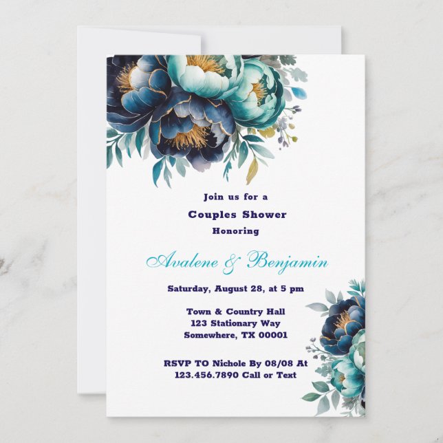 Aquamarin Navy Blue Watercolor Peony Couples Dusch Einladung (Vorderseite)