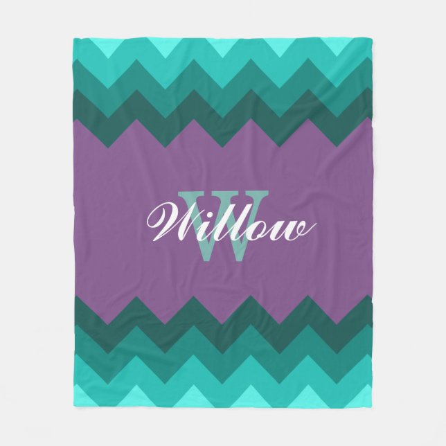 Aquamarin Ombre Chevrons Monogram Fleece Blanket (Vorderseite)