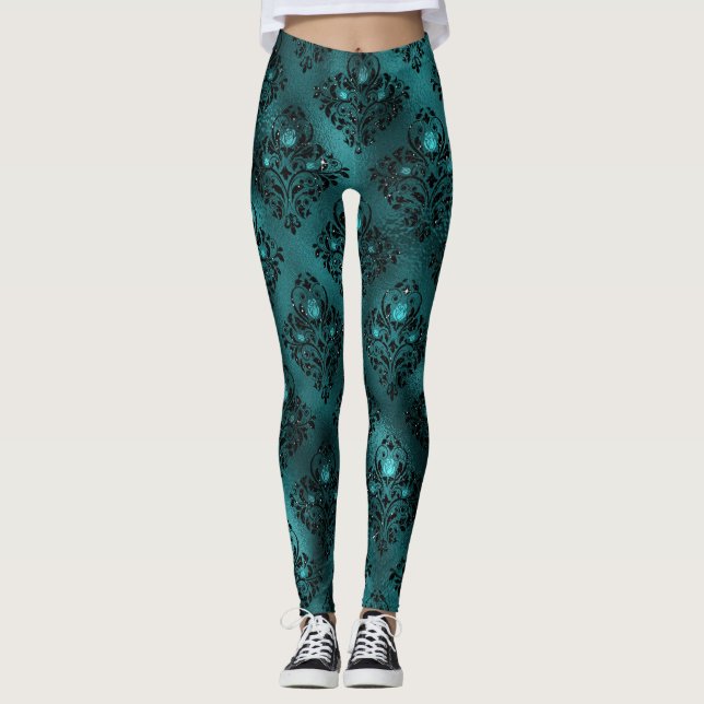 Aquamarin Ombre Glam Glitzer Damask Muster Leggings (Vorderseite)