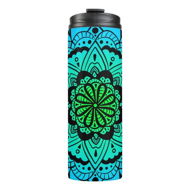 Aquamarin Ombré Mandala Blume Thermal Tumbler Thermosbecher (Vorderseite)