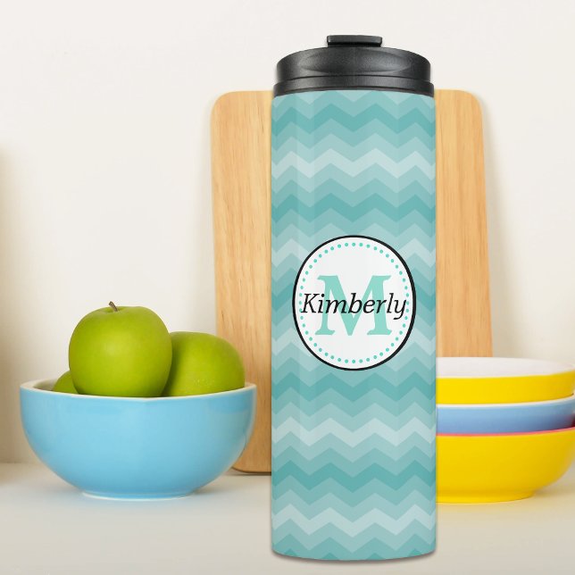 Aquamarin Ombre Zickzack Monogram Thermosbecher (Von Creator hochgeladen)