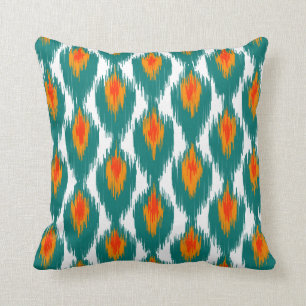 Aquamarin Orange Abstrakt Tribal Ikat Diamond Must Kissen