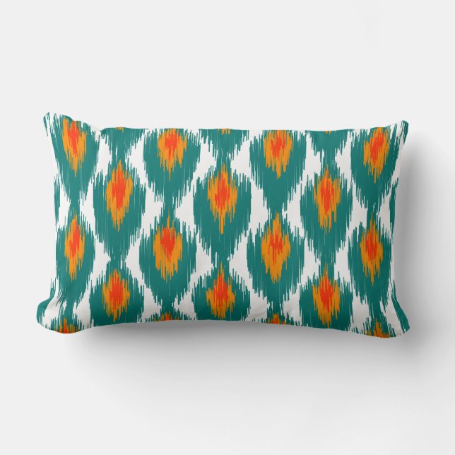 Aquamarin Orange Abstrakt Tribal Ikat Diamond Must Lendenkissen (Vorderseite)