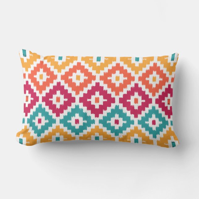 Aquamarin Orange Aztec Tribal Print Ikat Diamond P Lendenkissen (Vorderseite)