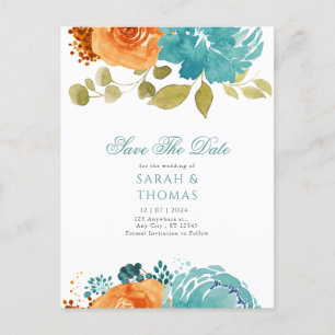 Aquamarin Orange Boho Floral Fall Save the Date Postkarte