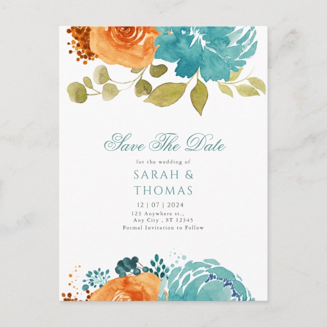 Aquamarin Orange Boho Floral Fall Save the Date Postkarte (Vorderseite)