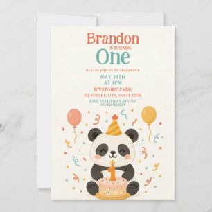 Aquamarin & orange Panda Cake and Balloons 1. Gebu Einladung