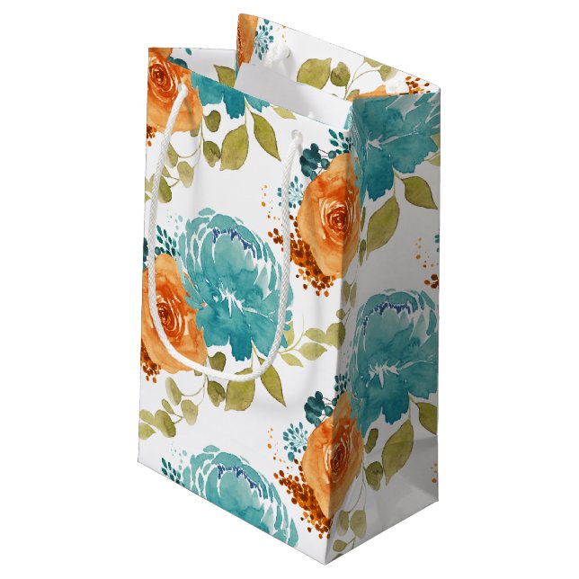 Aquamarin Orange Terracotta Boho Floral Kleine Geschenktüte (Rückseite Schrägansicht)