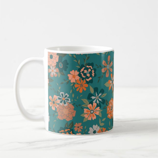 Aquamarin Orange Trendy Floral Vine Gemusterte Blu Kaffeetasse (Links)