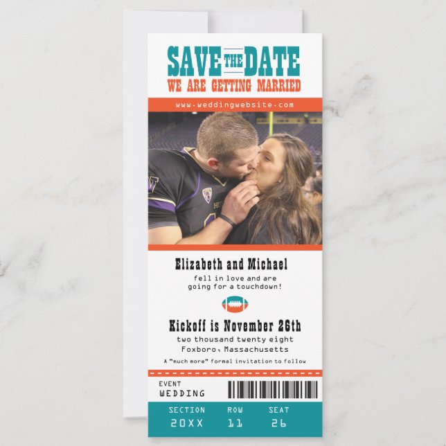 Aquamarin Orange Wedding Save the Date Football Ti (Vorderseite)