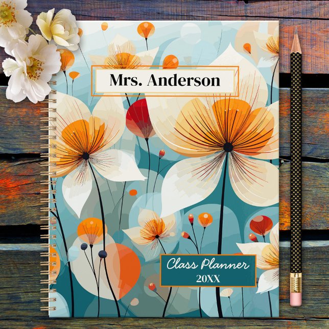Aquamarin Orange Wildblumen Lehrer Planer (Elegant planner featuring a teal orange wildflower illustration. Beautiful for a teacher or other)