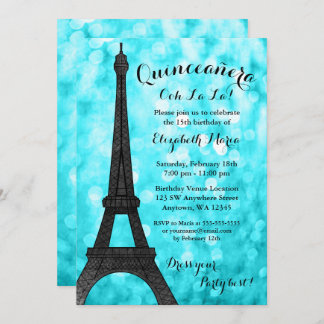 Aquamarin Paris Bokeh Glitzer Lights Quinceañera Einladung