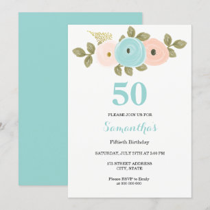 Aquamarin & Peach 50. Geburtstagsparty Einladung