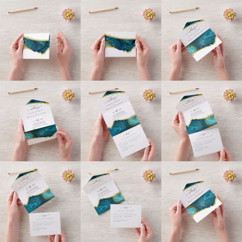 Aquamarin Peacock Blue Gold Agate Wedding All In One Einladung