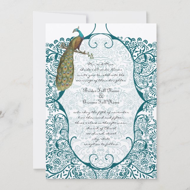 Aquamarin Peacock Love Bird Hochzeiten Einladung (Vorderseite)