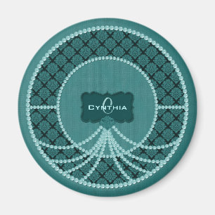 Aquamarin Pearl Damask Round Magnet