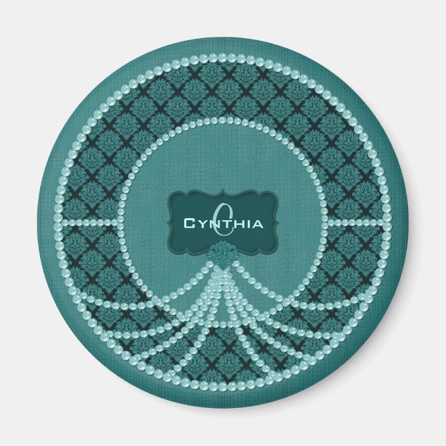 Aquamarin Pearl Damask Round Magnet (Vorne)