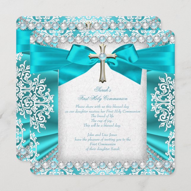 Aquamarin Pearl White First Holy Communion Girls 2 Einladung (Vorne/Hinten)