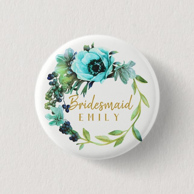 Aquamarin Peony Wreath Bridesmaid Name ID456 Button (Vorderseite)