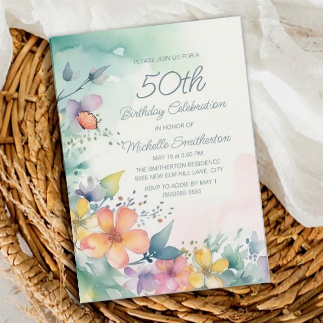 Aquamarin Pink-Gelbe Pastel Blume 50. Geburtstag Einladung (Teal, yellow, pink floral 50th birthday party invitation)