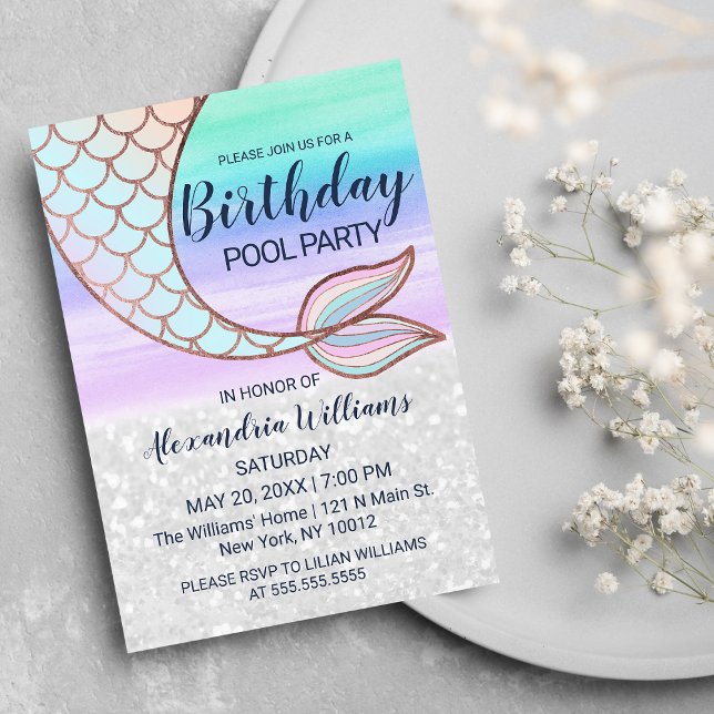 Aquamarin Pink Glam Glitzer Mermaid Schwanz Pool G Einladungspostkarte (Teal Pink Glam Glitter Mermaid Tail Pool Birthday Invitation Postcard )