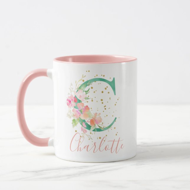 Aquamarin Pink Gold Aquarell Floral Monogram C Tasse (Links)