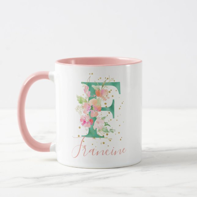 Aquamarin Pink Gold Aquarelleinfarben Monogramm F Tasse (Links)