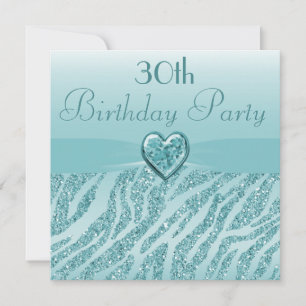 Aquamarin Printed Heart & Zebra Glitzer 30. Geburt Einladung