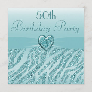 Aquamarin Printed Heart & Zebra Glitzer 50. Geburt Einladung