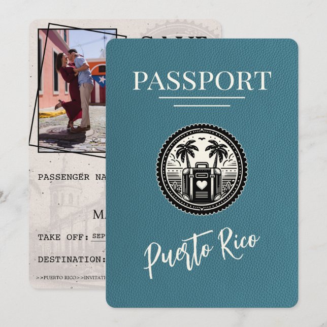 Aquamarin Puerto Rico Passport Save The Date (Vorne/Hinten)
