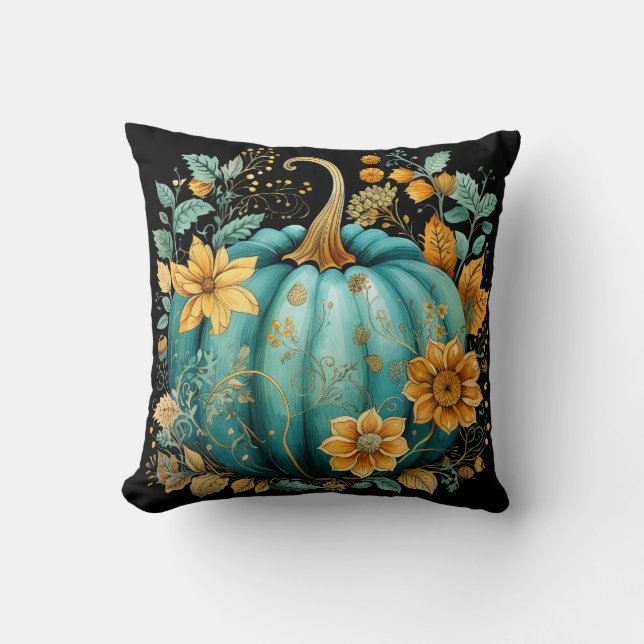 Aquamarin Pumpkin Autumn Boho Fall Black Kissen (Vorderseite)