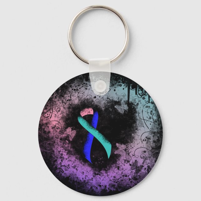 Aquamarin/rosa/blaue Schleife Herz Schlüsselanhänger (Vorderseite)