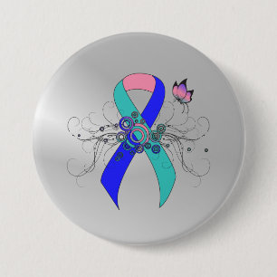 Aquamarin/rosa/blaue Schleife mit Schmetterling Button